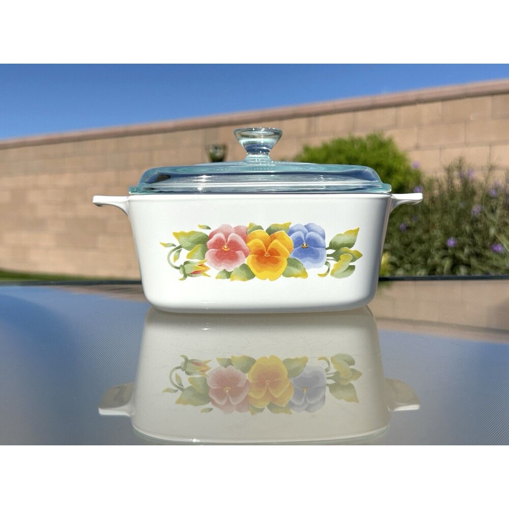 Vintage Corning Ware Summer Blush Pansy A-1.5L with Lid Square Pyrex Lid USA